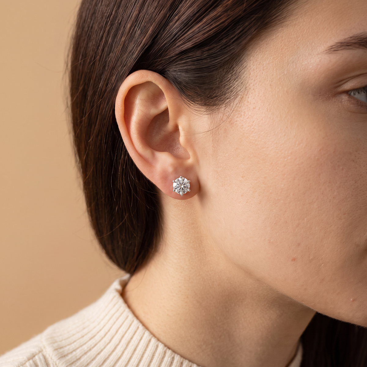 Prima Stud Earrings worn, close-up portrait