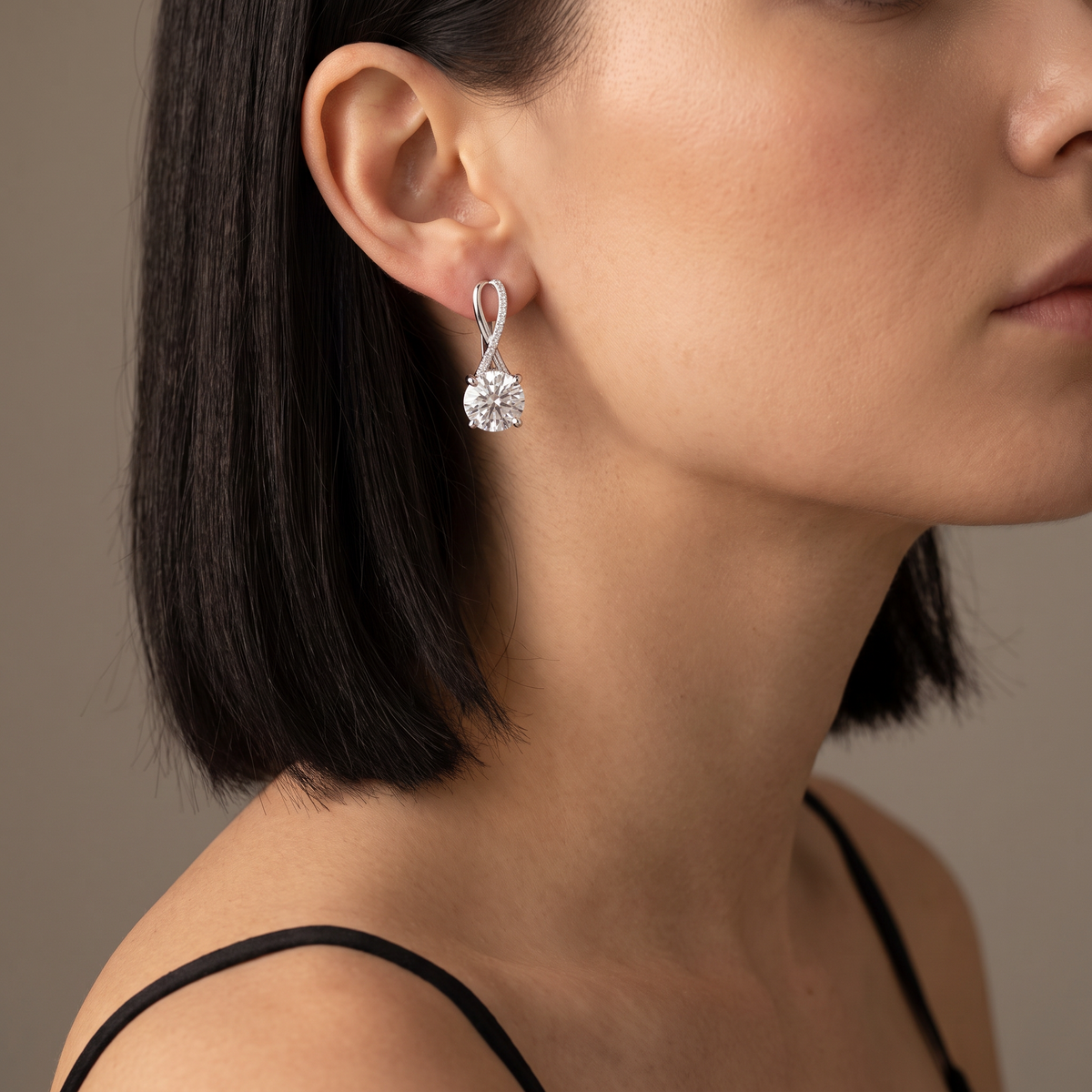Luna Drop Earrings worn, close-up portrait