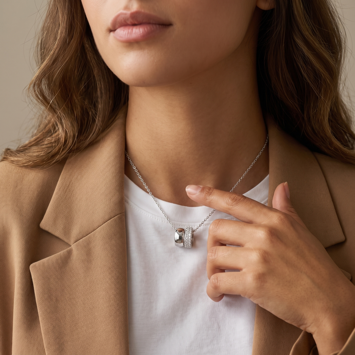 Duetto Necklace worn, close-up portrait