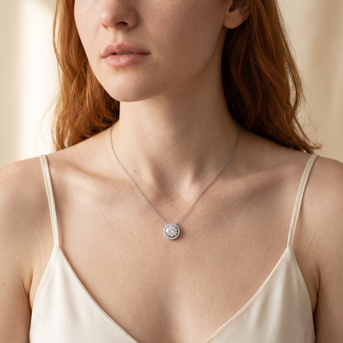 Sole Necklace worn, close-up portrait