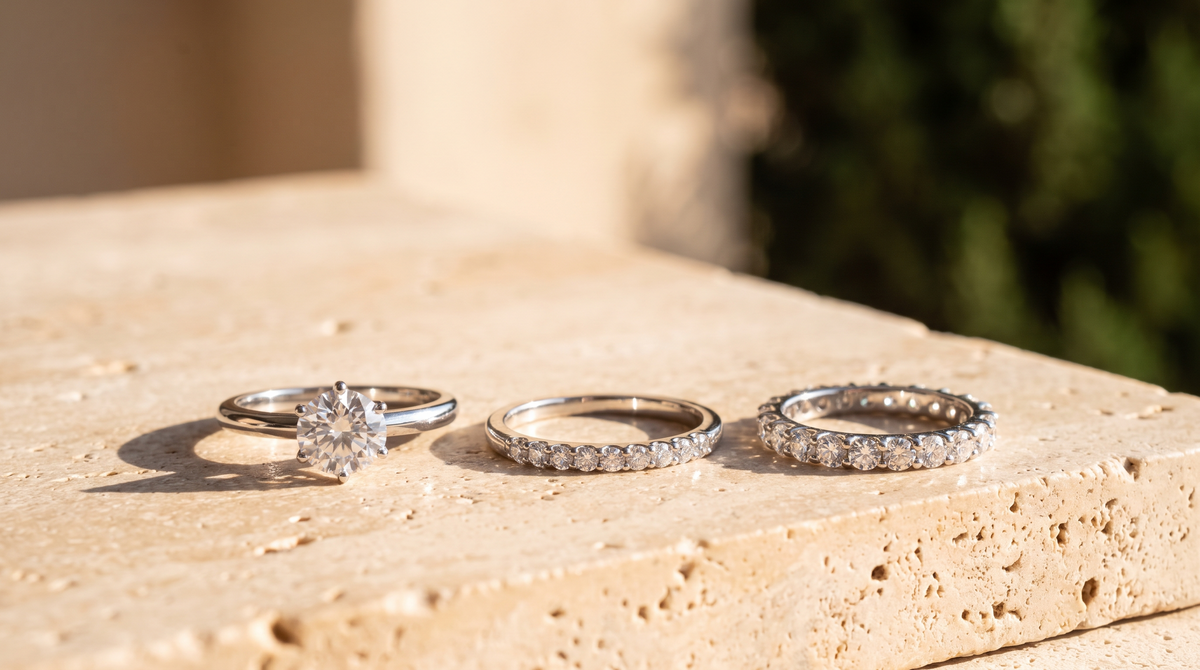 Three silver moissanite rings on a sunlit travertine ledge
