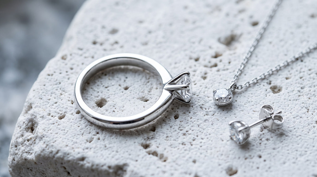 A moissanite ring, pendant necklace and stud earring resting on a rough white stone