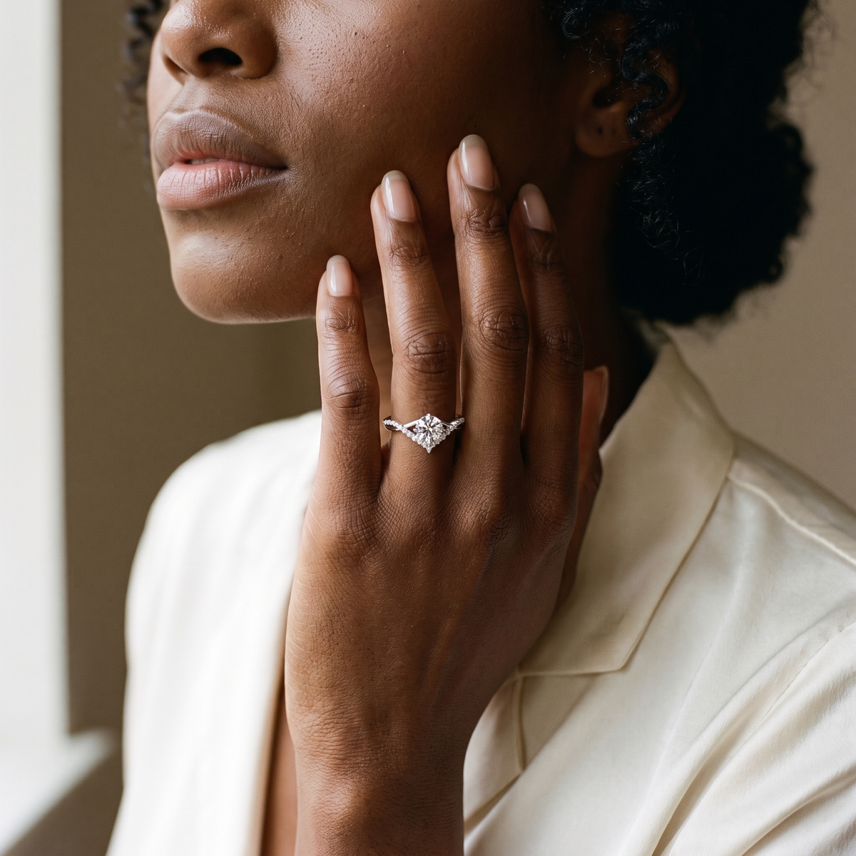 Intreccio Ring worn on the ring finger, close-up portrait