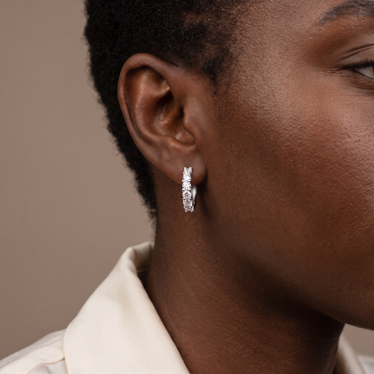 Chiara Hoop Earrings worn, close-up portrait