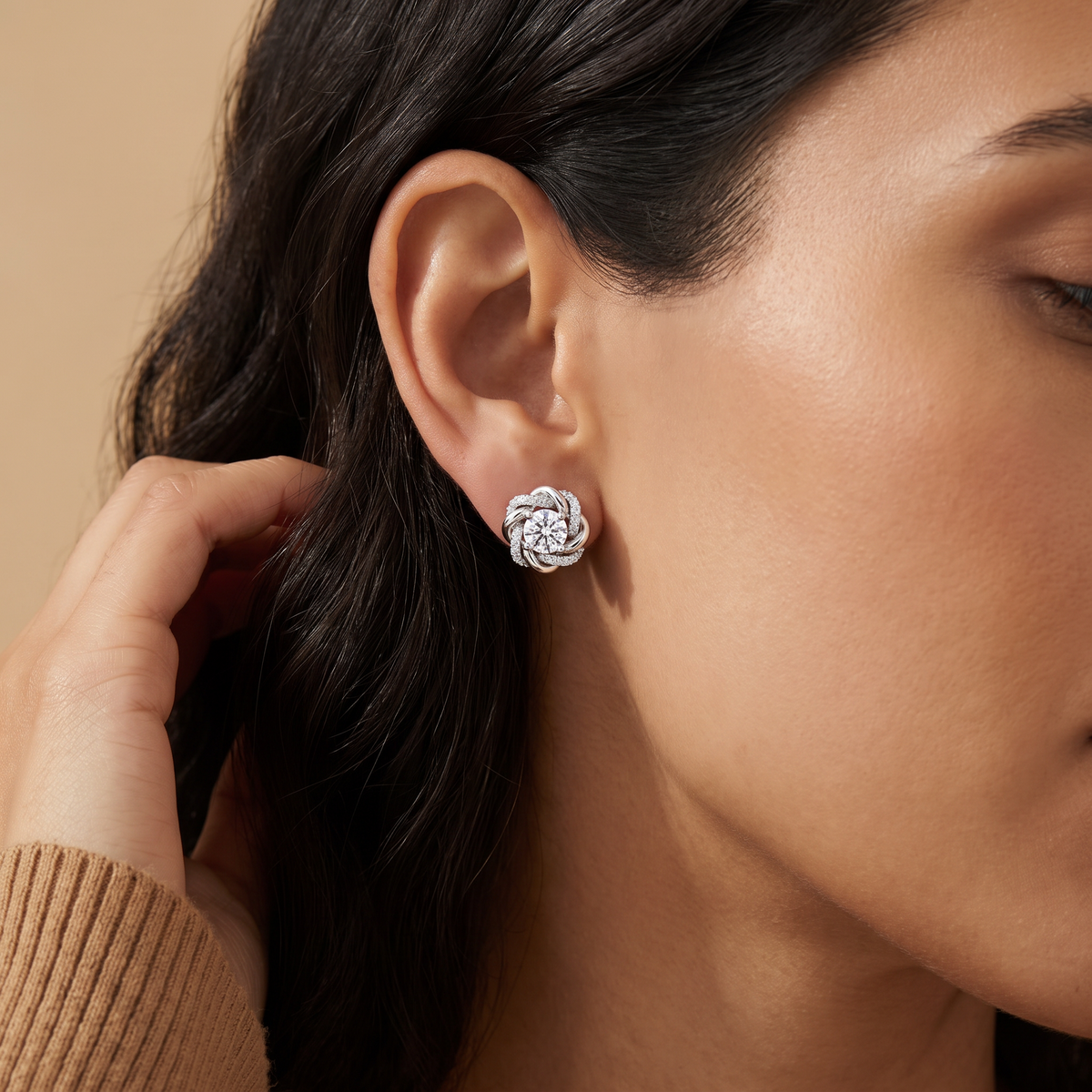 Fiore Stud Earrings worn, close-up portrait