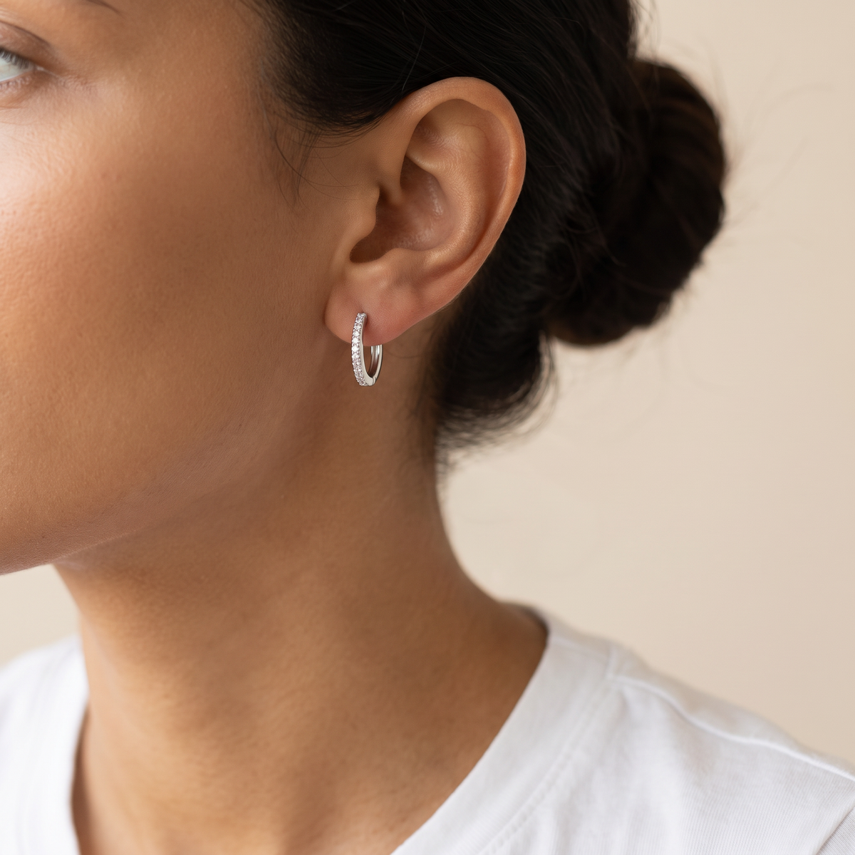 Serena Hoop Earrings worn, close-up portrait