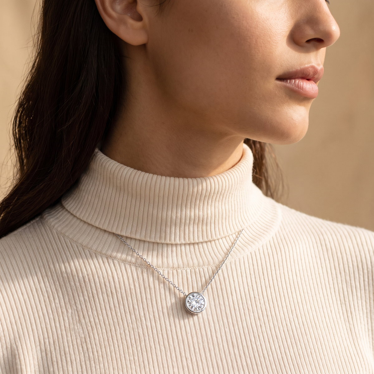 Aura Necklace worn, close-up portrait