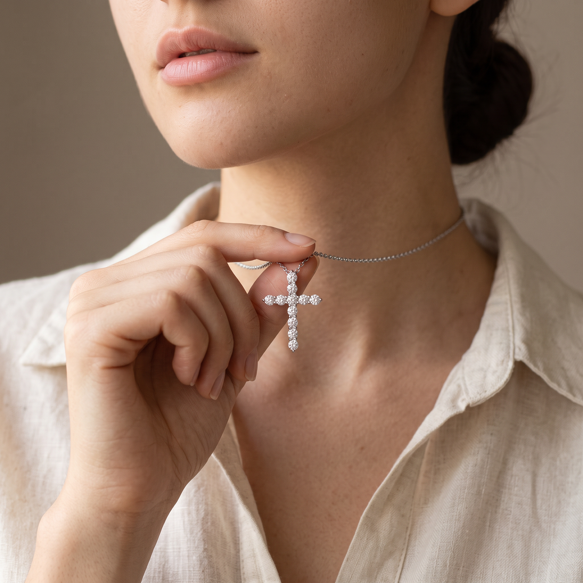 Credo Necklace worn, close-up portrait