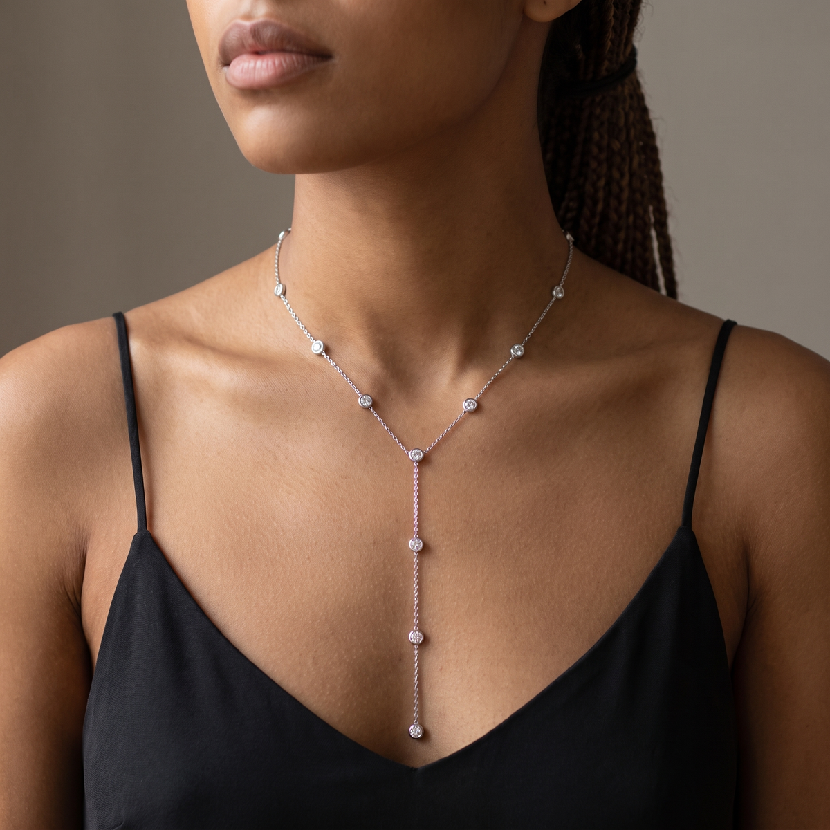 Cascata Necklace worn, close-up portrait