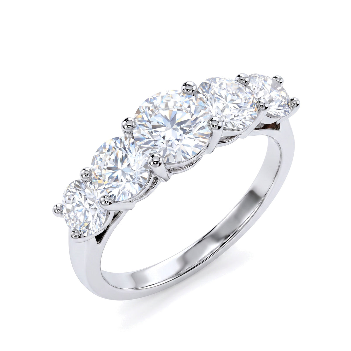 Cinque Ring - three-quarter angle view, five graduated round moissanite stones