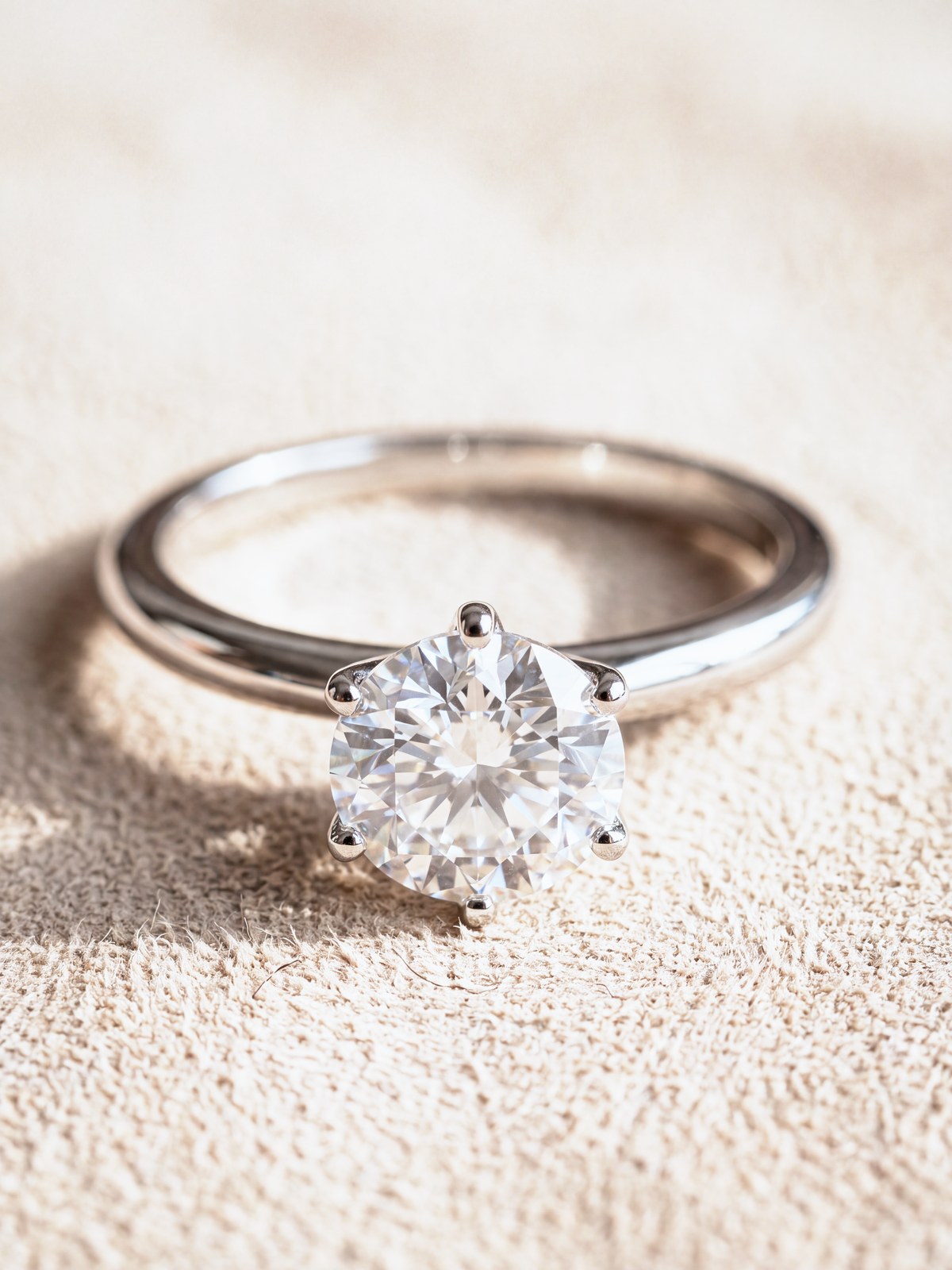 Silver moissanite solitaire ring resting on cream suede, stone facing the camera