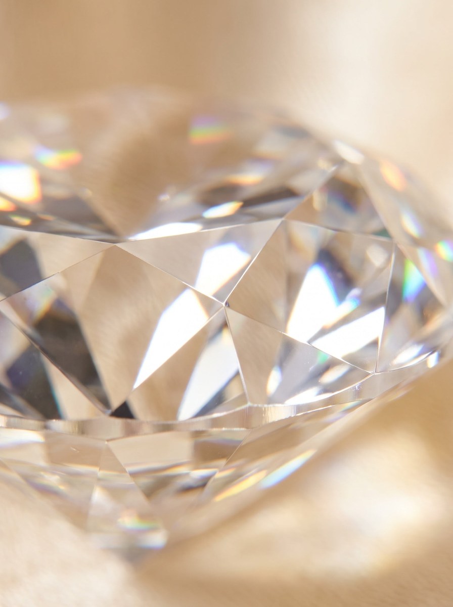 Macro of moissanite crown facets showing rainbow dispersion