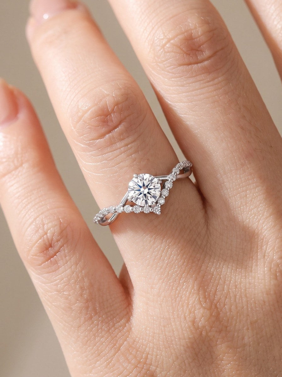 Moissanite ring worn on a finger